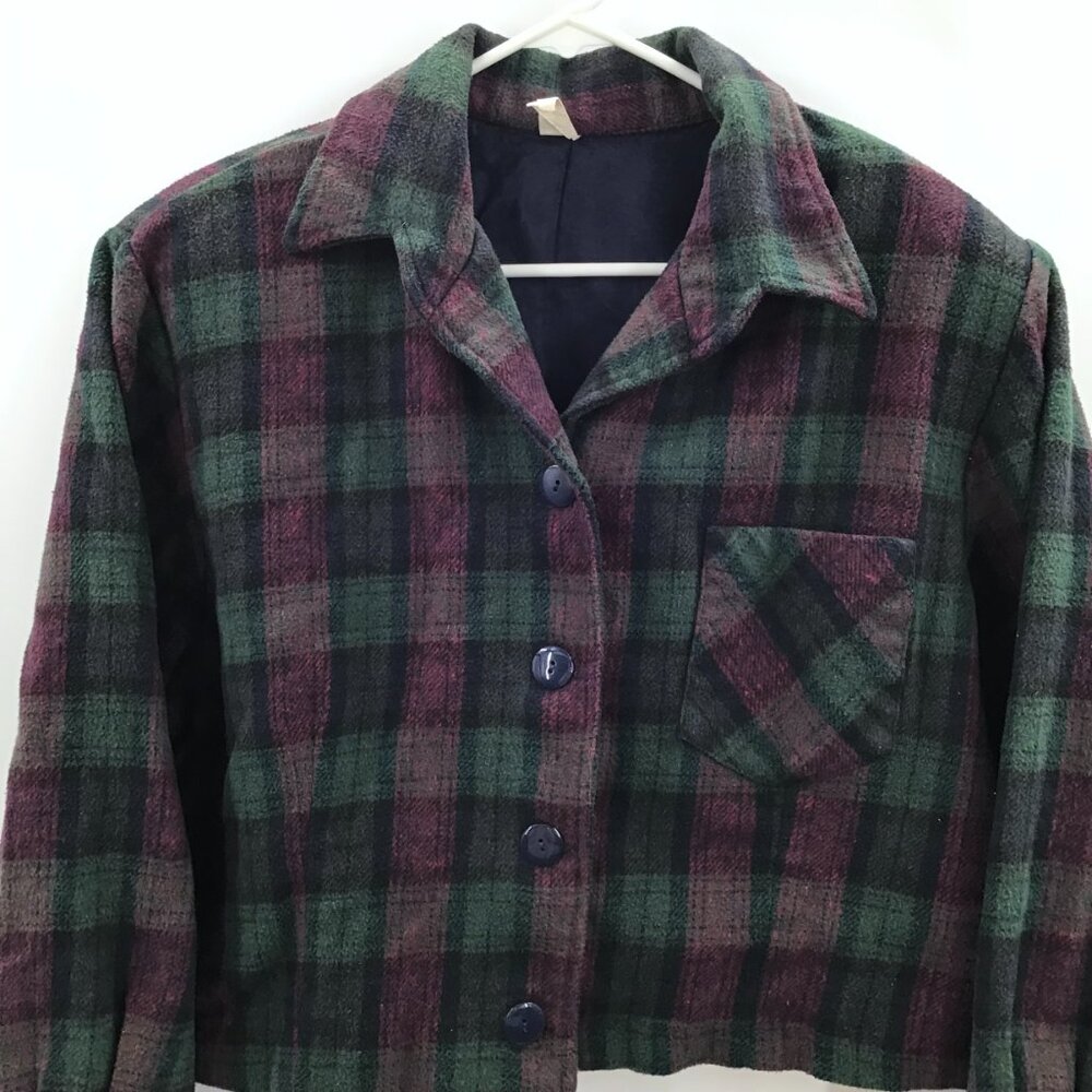 Vintage 1990s Cropped Plaid Flannel Shirt Grunge Sz 22 Long Sleeve Red Green - Picture 2 of 11
